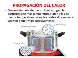 PROPAGACIÓN DEL CALOR
• Convección: Al calentar un líquido o gas, las
partículas con más temperatura suben y las de
menor temperatura bajan, las cuales al calentarse
vuelven a subir y así sucesivamente.
 