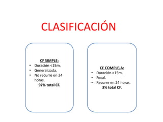 CLASIFICACIÓN
CF SIMPLE:
• Duración <15m.
• Generalizada.
• No recurre en 24
horas.
97% total CF.
CF COMPLEJA:
• Duración >15m.
• Focal.
• Recurre en 24 horas.
3% total CF.
 