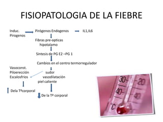 FISIOPATOLOGIA DE LA FIEBRE
Induc. Pirógenos Endogenos IL1,IL6
Pirogenos
Fibras pre-opticas
hipotalamo
Sintesis de PG E2 –PG 1
Cambios en el centro termorregulador
Vasoconst.
Piloerección sudor
Escalosfrios vasodilatación
piel caliente
Dela Tºcorporal
De la Tº corporal
 