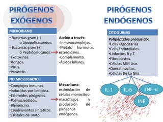 MICROBIANO
• Bacterias gram (-)
o Lipopolisacáridos.
• Bacterias gram (+)
o Peptidoglucanos.
•Exotoxinas.
•Hongos.
•Vírus.
•Parasitos.
NO MICROBIANO
•Complejos inmunes.
•Inducidos por linfocina.
•Esteroides pirógenos.
•Polinucleótidos.
•Bleomicina.
•Coadyuvantes sintéticos.
•Cristales de urato.
Acción a través:
-Inmunocomplejos.
-Metab. hormonas
esteroidales.
-Complemento.
-Ácidos biliares.
Mecanismo:
estimulación de
células monocitos-
macrófagos y
producción de
pirógenos
endógenos.
IL-6
CITOQUINAS
Polipéptidos producido:
•Cells Fagocitarias.
•Cells Endoteliales.
•Linfocitos B y T.
•Fibroblastos.
•Células MM Liso.
•Queratinocitos.
•Células De La Glía.
IL-1 TNF -α
INF
 
