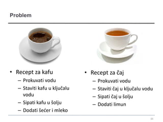 Problem




• Recept za kafu               • Recept za čaj
   – Prokuvati vodu               –   Prokuvati vodu
   – Staviti kafu u ključalu      –   Staviti čaj u ključalu vodu
     vodu                         –   Sipati čaj u šolju
   – Sipati kafu u šolju          –   Dodati limun
   – Dodati šećer i mleko
                                                               20
 