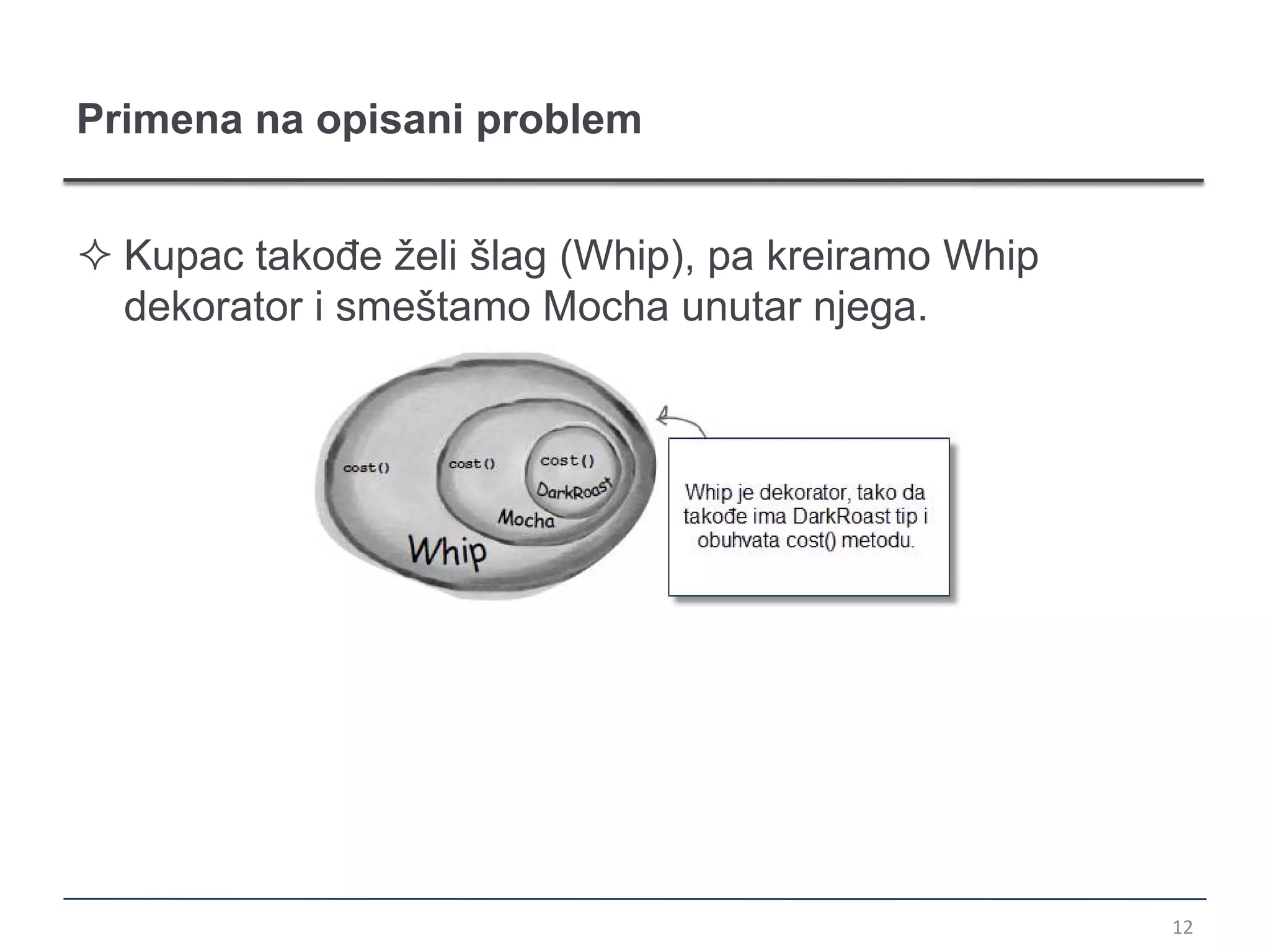Primena na opisani problem


 Kupac takođe želi šlag (Whip), pa kreiramo Whip
  dekorator i smeštamo Mocha unutar njega.




                                                    12
 