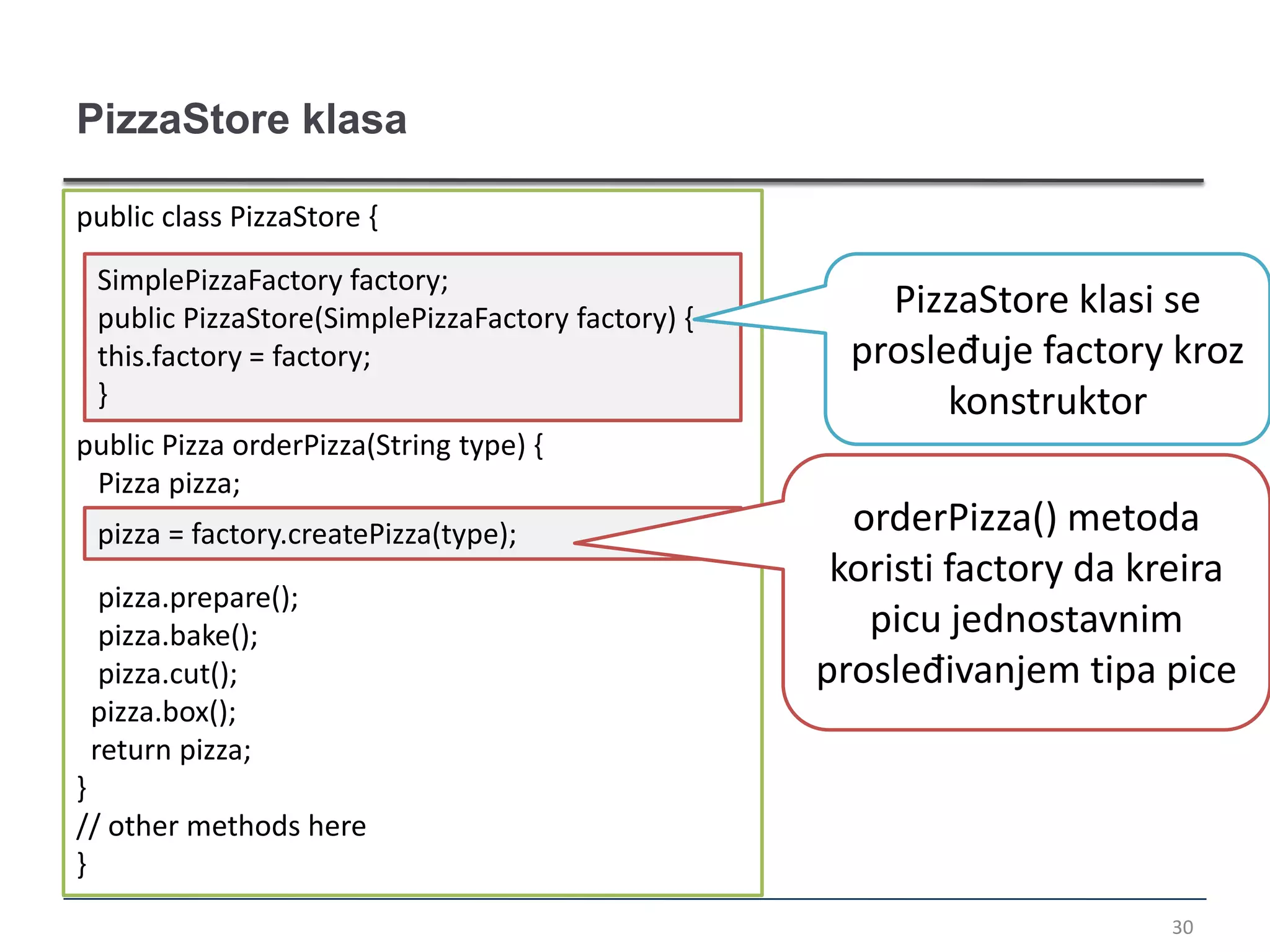 PizzaStore klasa

public class PizzaStore {

 SimplePizzaFactory factory;
 public PizzaStore(SimplePizzaFactory factory) {       PizzaStore klasi se
 this.factory = factory;                             prosleđuje factory kroz
 }                                                         konstruktor
public Pizza orderPizza(String type) {
 Pizza pizza;
 pizza = factory.createPizza(type);                  orderPizza() metoda
                                                    koristi factory da kreira
  pizza.prepare();
  pizza.bake();                                       picu jednostavnim
  pizza.cut();                                     prosleđivanjem tipa pice
 pizza.box();
 return pizza;
}
// other methods here
}
                                                                        30
 