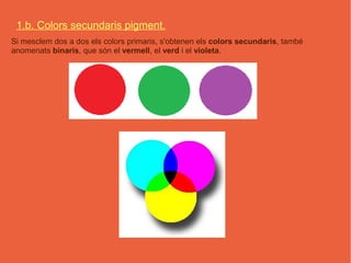 1.b. Colors secundaris pigment.
Si mesclem dos a dos els colors primaris, s'obtenen els colors secundaris, també
anomenats binaris, que són el vermell, el verd i el violeta.
 