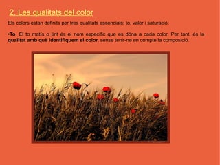 2. Les qualitats del color
Els colors estan definits per tres qualitats essencials: to, valor i saturació.

●To, El to matís o tint és el nom específic que es dóna a cada color. Per tant, és la
qualitat amb què identifiquem el color, sense tenir-ne en compte la composició.
 