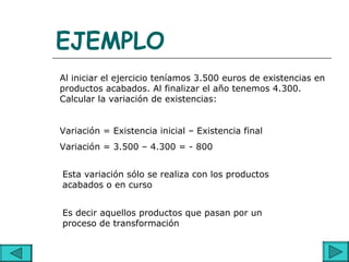 EJEMPLO
Al iniciar el ejercicio teníamos 3.500 euros de existencias en
productos acabados. Al finalizar el año tenemos 4.300.
Calcular la variación de existencias:


Variación = Existencia inicial – Existencia final
Variación = 3.500 – 4.300 = - 800


Esta variación sólo se realiza con los productos
acabados o en curso


Es decir aquellos productos que pasan por un
proceso de transformación
 
