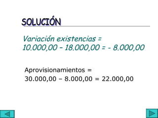 Variación existencias =
10.000,00 – 18.000,00 = - 8.000,00

Aprovisionamientos =
30.000,00 – 8.000,00 = 22.000,00
 