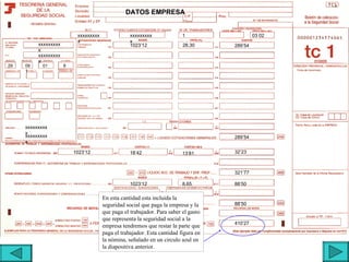 DATOS EMPRESA


                           xxxxxxxxx               xxxxxxxxx              1                   03 02
                           x                       x
          xxxxxxxxx                                1023’12                28,30      289’54
          x
          xxxxxxxxx
          x
29   09     01        8
     1




     xxxxxxxxx
     x
     xxxxxxxxx                                                                       289’54
     x

                          1023’12                  18’42                  13’81      32’23



                                                                                     321’77

                                                   1023’12                8,65       88’50

                                       En esta cantidad esta incluida la
                                       seguridad social que paga la empresa y la     88’50
                                       que paga el trabajador. Para saber el gasto
                                       que representa la seguridad social a la
                                                                                     410’27
                                       empresa tendremos que restar la parte que
                                       paga el trabajador. Esta cantidad figura en
                                       la nómina, señalado en un circulo azul en
                                       la diapositiva anterior.
 