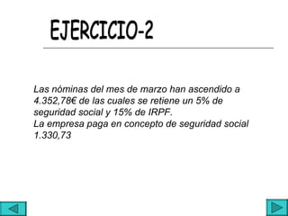 Las nóminas del mes de marzo han ascendido a
4.352,78€ de las cuales se retiene un 5% de
seguridad social y 15% de IRPF.
La empresa paga en concepto de seguridad social
1.330,73
 