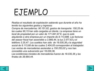 Realiza el resultado de explotación sabiendo que durante el año ha
tenido los siguientes gastos y ingresos:
Compra de mercaderías: 90.151,82, gastos de transporte: 150,25 de
las cuales 90,15 han sido cargadas al cliente. La empresa tiene un
local de propiedad por un valor de 171.841,97 €, que lo está
alquilando a otra empresa por un importe de 8.113,66€. Las facturas
del asesor fiscal han ascendido a 3.866,44, la luz 2.577,63 y el
teléfono 3.25,47. Los sueldos han sido de 18.030,36 y la seguridad
social de 8.113,66 de las cuales 2.404,05 corresponden al trabajador.
Las ventas de mercaderias ascienden a 150.253,02 y nos han
concedido una subvención por 18.030,36.
Las existéncias iniciales de mercaderias fueron de 18.030,36 y las
finales de 38.664,44.
 