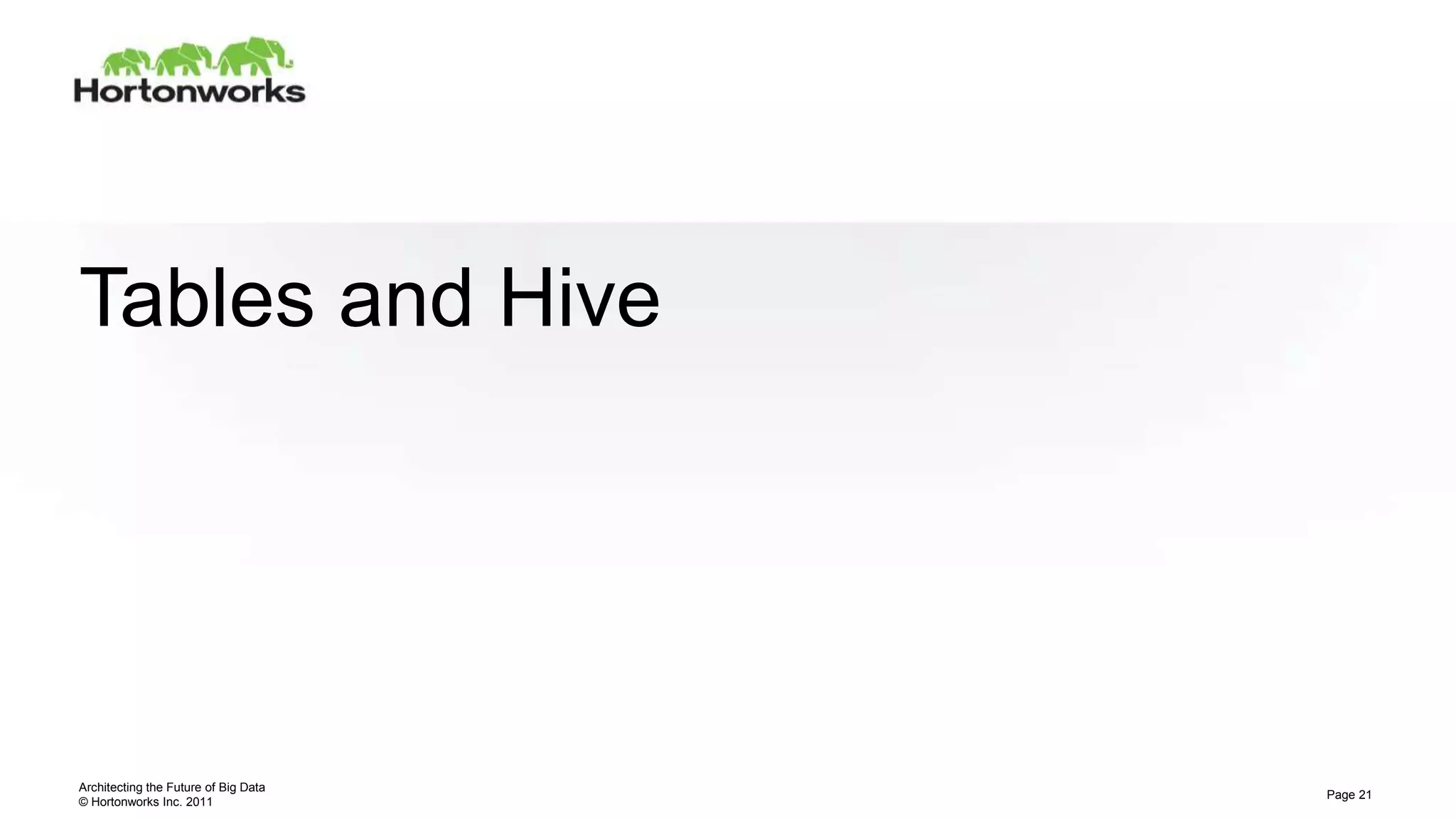 © Hortonworks Inc. 2011
Tables and Hive
Architecting the Future of Big Data
Page 21
 