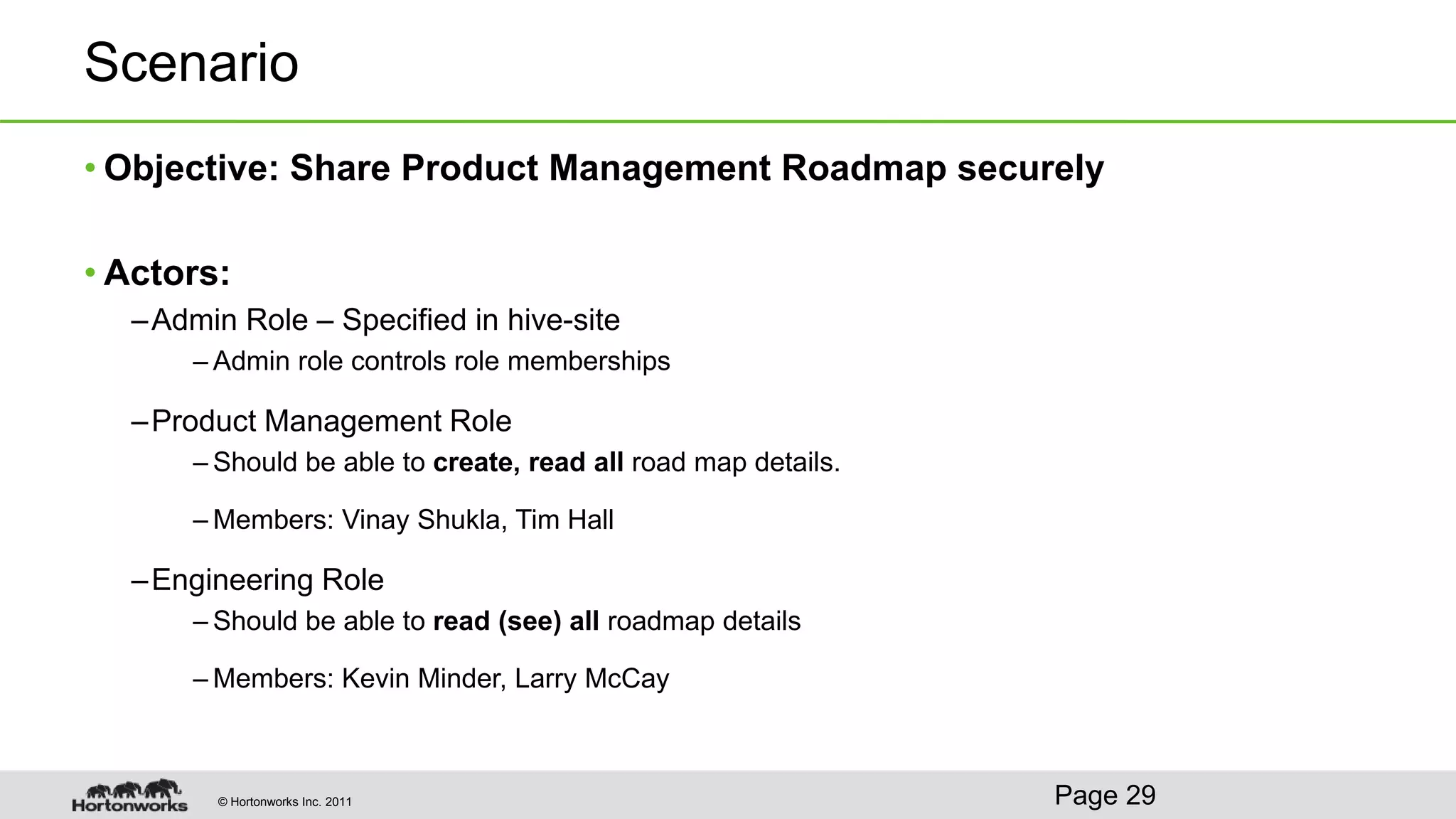 © Hortonworks Inc. 2011
Scenario
• Objective: Share Product Management Roadmap securely
• Actors:
–Admin Role – Specified in hive-site
– Admin role controls role memberships
–Product Management Role
– Should be able to create, read all road map details.
– Members: Vinay Shukla, Tim Hall
–Engineering Role
– Should be able to read (see) all roadmap details
– Members: Kevin Minder, Larry McCay
Page 29
 