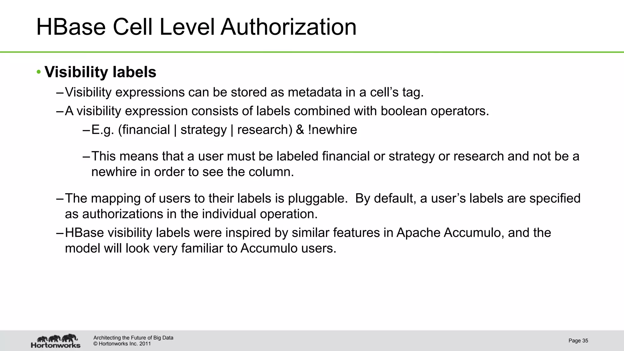 © Hortonworks Inc. 2011
HBase Cell Level Authorization
• Visibility labels
–Visibility expressions can be stored as metadata in a cell’s tag.
–A visibility expression consists of labels combined with boolean operators.
–E.g. (financial | strategy | research) & !newhire
–This means that a user must be labeled financial or strategy or research and not be a
newhire in order to see the column.
–The mapping of users to their labels is pluggable. By default, a user’s labels are specified
as authorizations in the individual operation.
–HBase visibility labels were inspired by similar features in Apache Accumulo, and the
model will look very familiar to Accumulo users.
Page 35
Architecting the Future of Big Data
 