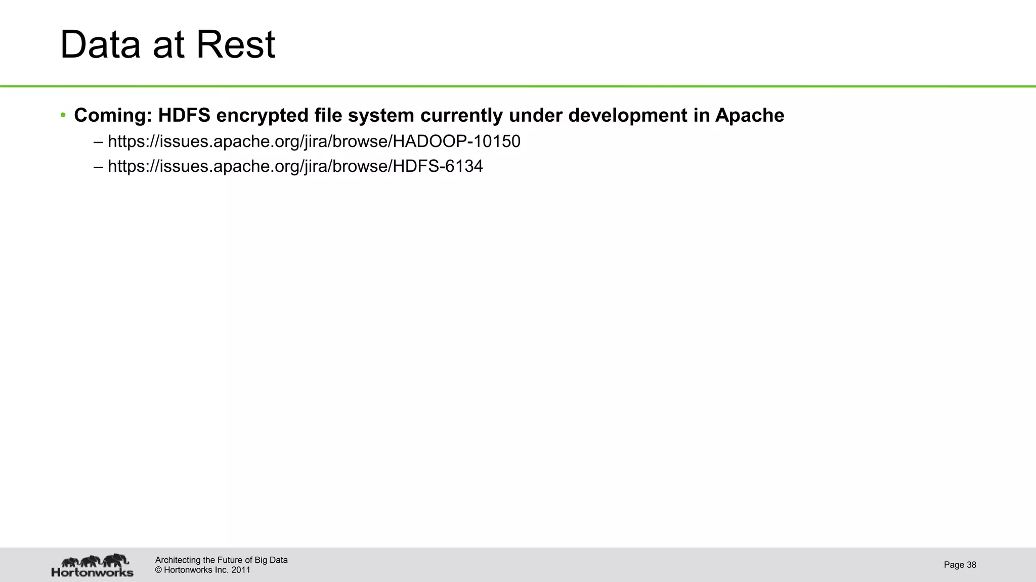 © Hortonworks Inc. 2011
Data at Rest
• Coming: HDFS encrypted file system currently under development in Apache
– https://issues.apache.org/jira/browse/HADOOP-10150
– https://issues.apache.org/jira/browse/HDFS-6134
Page 38
Architecting the Future of Big Data
 