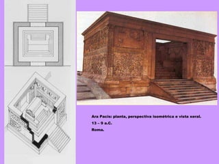 Ara Pacis: planta, perspectiva isométrica e vista xeral. 13 – 9 a.C. Roma. 