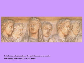 Detalle das cabezas dalgúns dos participantes na procesión  dos  quirites  (Ara Pacis).13 – 9 a.C. Roma. 