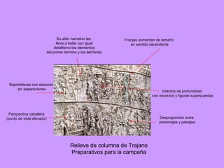 Relieve de columna de Trajano Preparativos para la campaña Bajorrelieves con escenas sin separaciones Su afán narrativo les lleva a tratar con igual detallismo los elementos del primer término y los del fondo Perspectiva caballera (punto de vista elevado) Desproporción entre personajes y paisajes Intentos de profundidad con escorzos y figuras superpuestas Franjas aumentan de tamaño en sentido ascendente 