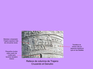 Relieve de columna de Trajano Cruzando el Danubio Pequeños óculos cada cuarto de vuelta para iluminar escalera interior Temática se  centra más en aspectos logísticos que en las batallas Retratos: emperador Trajano aparece más de cincuenta veces 