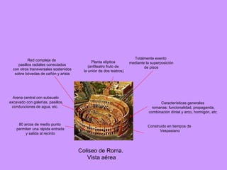 Coliseo de Roma.  Vista aérea Planta elíptica (anfiteatro fruto de la unión de dos teatros) Totalmente exento mediante la superposición de pisos Red compleja de pasillos radiales conectados con otros transversales sostenidos sobre bóvedas de cañón y arista 80 arcos de medio punto permiten una rápida entrada y salida al recinto Arena central con subsuelo excavado con galerías, pasillos, conducciones de agua, etc.  Características generales romanas: funcionalidad, propaganda, combinación dintel y arco, hormigón, etc. Construido en tiempos de Vespasiano 