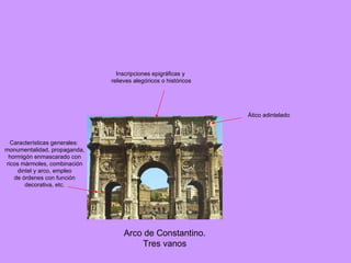 Arco de Constantino. Tres vanos Ático adintelado Inscripciones epigráficas y relieves alegóricos o históricos Características generales: monumentalidad, propaganda, hormigón enmascarado con ricos mármoles, combinación dintel y arco, empleo de órdenes con función decorativa, etc. 