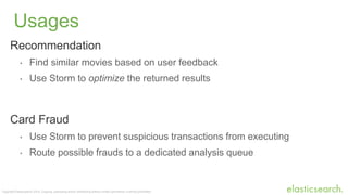 Copyright Elasticsearch 2014. Copying, publishing and/or distributing without written permission is strictly prohibited
Usages
Recommendation
‣ Find similar movies based on user feedback
‣ Use Storm to optimize the returned results
Card Fraud
‣ Use Storm to prevent suspicious transactions from executing
‣ Route possible frauds to a dedicated analysis queue
 