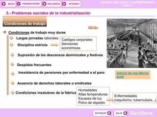 HISTORIA DEL MUNDO CONTEMPORÁNEO
TEMA 4
RECURSOS INTERNET
PRESENTACIÓN
Santillana
INICIO
SALIR
SALIR
ANTERIOR
ANTERIOR
Condiciones de trabajo
Condiciones de trabajo muy duras
DOC. 10
3.- Problemas sociales de la industrialización
Largas jornadas laborales
Disciplina estricta
Castigos corporales
Sanciones
económicas
Supresión de los descansos dominicales y festivos
Despidos frecuentes
Inexistencia de pensiones por enfermedad o el paro
Ausencia de derechos laborales o sindicales
Condiciones insalubres de la fábrica
Humedades
Altas temperaturas
Escasez de luz
Polvo de algodón
Enfermedades
(raquitismo, tuberculosis...)
Interior de una fábrica
textil
 