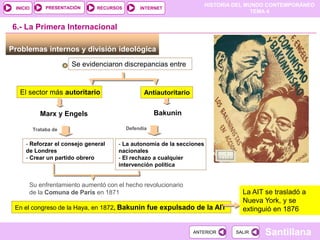 HISTORIA DEL MUNDO CONTEMPORÁNEO
TEMA 4
RECURSOS INTERNET
PRESENTACIÓN
Santillana
INICIO
SALIR
SALIR
ANTERIOR
ANTERIOR
Problemas internos y división ideológica
Se evidenciaron discrepancias entre
El sector más autoritario Antiautoritario
Marx y Engels
6.- La Primera Internacional
Bakunin
Trataba de
- Reforzar el consejo general
de Londres
- Crear un partido obrero
Defendía
- La autonomía de la secciones
nacionales
- El rechazo a cualquier
intervención política
Su enfrentamiento aumentó con el hecho revolucionario
de la Comuna de París en 1871
En el congreso de la Haya, en 1872, Bakunin fue expulsado de la AIT
La AIT se trasladó a
Nueva York, y se
extinguió en 1876
 