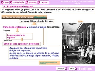 HISTORIA DEL MUNDO CONTEMPORÁNEO
TEMA 4
RECURSOS INTERNET
PRESENTACIÓN
Santillana
INICIO
SALIR
SALIR
ANTERIOR
ANTERIOR
2.- El predominio burgués
La forma de vida de la nueva élite social
La vida ostentosa de la alta
burguesía
DOC. 6
La nueva élite o minoría dirigente
Parte de la aristocracia y la gran burguesía (plutocracia)
Gracias a
La propiedad y la
riqueza
practicaron
Estilo de vida opulento y ostentoso
Apostaba por el progreso económico
dirigía sus negocios,
menos ocio, su riqueza se obtenía de su esfuerzo
Virtudes: ahorro, trabajo digno, esfuerzo, respeto
religioso
La burguesía fue el grupos social más poderoso en la nueva sociedad industrial con grandes
diferencias de mentalidad, forma de vida y riqueza
 