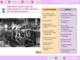 HISTORIA DEL MUNDO CONTEMPORÁNEO
TEMA 4
RECURSOS INTERNET
PRESENTACIÓN
Santillana
INICIO
SALIR
SALIR
ANTERIOR
ANTERIOR
Diferencias entre la forma de
organización de un taller artesano y
de una fábrica moderna
DOC. 4
 