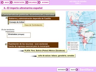 PRESENTACIÓN
                                                                                       HISTORIA DE ESPAÑA
    INICIO                             RECURSOS       INTERNET
                                                                                             TEMA 4


   4.- El imperio ultramarino español

 Características políticas, económicas y sociales
          Gobierno y administración dependía de Castilla
             Consejo de Indias
                              - Casa de Contratación

En los territorios
     americanos
         Virreinatos (virreyes)




         Explotación de los recursos : (con esclavos)
         fuente de ingresos esencial para la monarquía

                                  PLATA: Perú, Bolivia (Potosí) México (Zacatecas)

                                                  caña de azúcar, tabaco, ganadería, cereales




                                                                         ANTERIOR        SALIR   Santillana
 