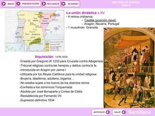 PRESENTACIÓN
                                                                             HISTORIA DE ESPAÑA
INICIO                       RECURSOS        INTERNET
                                                                                   TEMA 4

                                           La unión dinástica s.XV
                                           - 4 reinos cristianos:
                                                        - Castilla (posición clave)
                                                        - Aragón, Navarra, Portugal
                                           - 1 musulmán: Granada




                    Inquisición: 1478-1834
         -Creada por Gregorio IX 1233 para Cruzada contra Albigenses
         -Tribunal religioso contra las herejías y delitos contra la fe
         -Introducida en Aragón por Jaime I
         -Utilizada por los Reyes Católicos para la unidad religiosa
         -Brujería, blasfemia, adulterio, bigamia…
         -No estaba sujeta a los fueros de los distintos reinos
         -Confiada a los dominicos:Torquemada
         -Abolida por José Bonaparte y Cortes de Cádiz
         -Restablecida por Fernando VII
         -Supresión definitiva 1834


                                                               ANTERIOR        SALIR   Santillana
 