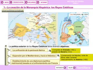 PRESENTACIÓN
                                                                               HISTORIA DE ESPAÑA
 INICIO                          RECURSOS       INTERNET
                                                                                     TEMA 4

1.- La creación de la Monarquía Hispánica: los Reyes Católicos
La política exterior




          La política exterior de los Reyes Católicos tenia diversos objetivos:
             - La unificación de la península Ibérica      -Conquista de Granada (1492) y
                                                           anexión de Navarra (1512)

            - Expansión por el Mediterráneo y hacia el Atlántico        -Conservación de Nápoles; norte de
                                                                        África; Islas Canarias
                                                                        -Descubrimiento de América (1492)
            - Establecimiento de una diplomacia (política
            matrimonial) basada en el enfrentamiento con Francia

                                                                   ANTERIOR      SALIR      Santillana
 