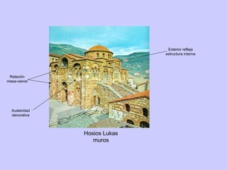 Hosios Lukas muros Relación masa-vanos Austeridad decorativa Exterior refleja estructura interna 