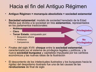 Hacia el fin del Antiguo Régimen Antiguo Régimen = monarquía absolutista + sociedad estamental Sociedad estamental : modelo de sociedad heredado de la Edad Media que dividía a la sociedad en tres  estamentos , representados en los parlamentos tradicionales: Nobleza Clero Tercer Estado , compuesto por: Burguesía urbana Artesanos Campesinos Finales del siglo XVIII:  choque  entre la  sociedad estamental , caracterizada por el sistema de privilegios legales y políticos, y la nueva  sociedad burguesa  y capitalista impulsada por los cambios económicos y las nuevas ideas de la Ilustración El descontento de los intelectuales ilustrados y los burgueses hacia la rigidez del despotismo ilustrado fue una de las causas de las  revoluciones  de final de siglo Privilegiados No  Privilegiados 