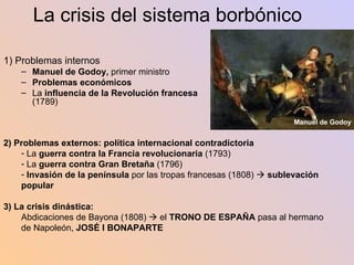 La crisis del sistema borbónico 1) Problemas internos Manuel de Godoy,  primer ministro Problemas económicos   La  influencia de la Revolución francesa  (1789) 2) Problemas externos:   política internacional contradictoria La  guerra contra la Francia revolucionaria  (1793) La  guerra contra Gran Bretaña  (1796) Invasión de la península  por las tropas francesas (1808)     sublevación popular 3) La   crisis dinástica:  Abdicaciones de Bayona (1808)    el  TRONO DE ESPAÑA  pasa al hermano de Napoleón,  JOSÉ I BONAPARTE Manuel de Godoy 