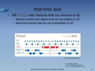 Real-time Java
• JSR-1 RTSJ adds features that are immune to GC
   − Memory models and regions that are not subject to GC
...