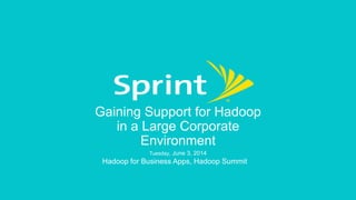 Gaining Support for Hadoop
in a Large Corporate
Environment
Tuesday, June 3, 2014
Hadoop for Business Apps, Hadoop Summit
 
