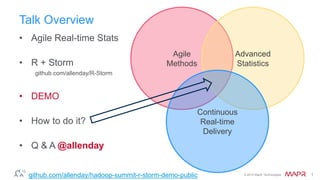 © 2014 MapR Technologies 1
Talk Overview
• Agile Real-time Stats
• R + Storm
github.com/allenday/R-Storm
• DEMO
• How to do it?
• Q & A @allenday
Agile
Methods
Advanced
Statistics
Continuous
Real-time
Delivery
github.com/allenday/hadoop-summit-r-storm-demo-public
 