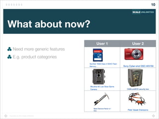 Copyright (c) 2014 Scale Unlimited.
What about now?
Need more generic features
E.g. product categories
10
User 1 User 2
 