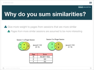 Copyright (c) 2014 Scale Unlimited.
Why do you sum similarities?
Give more weight to pages from sessions that are more similar
Pages from more similar sessions are assumed to be more interesting
22
F
D
B
C
A
Jaccard = 0.2
(1 / 5)
Session 2 vs Target Session
E
D B
C
A
Jaccard = 0.4
(2 / 5)
Session 1 vs Target Session
D
E
F
0.6 (0.4 + 0.2)
0.4
0.2
Page Score
 