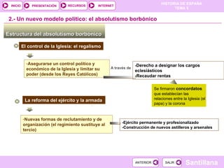 Estructura del absolutismo borbónico  2.-  Un nuevo modelo político: el absolutismo borbónico El control de la Iglesia: el regalismo  Asegurarse un control político y económico de la Iglesia y limitar su poder (desde los Reyes Católicos) A través de - Derecho a designar los cargos eclesiásticos -Recaudar rentas Se firmaron  concordatos   que establecían las relaciones entre la Iglesia (el papa) y la corona La reforma del ejército y la armada Nuevas formas de reclutamiento y de organización (el regimiento sustituye al tercio) -Ejército permanente y profesionalizado -Construcción de nuevos astilleros y arsenales 