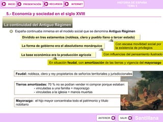 La continuidad del Antiguo Régimen  España continuaba inmersa en el modelo social que se denomina  Antiguo Régimen 5.-  Economía y sociedad en el siglo XVIII Dividido en tres estamentos (nobleza, clero y pueblo llano o tercer estado) Con escasa movilidad social por la existencia de privilegios La forma de gobierno era el absolutismo monárquico Con influencias del pensamiento ilustrado La base económica era la producción agrícola En situación  feudal , con  amortización  de las tierras y vigencia del  mayorazgo Feudal:  nobleza, clero y rey propietarios de señoríos territoriales y jurisdiccionales Tierras amortizadas:  70 % no se podían vender ni comprar porque estaban:    - vinculadas a una familia = mayorazgo   - vinculadas a la iglesia = manos muertas  Mayorazgo:  el hijo mayor concentraba todo el patrimonio y título nobiliario 