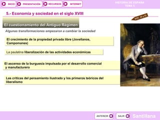 El cuestionamiento del Antiguo Régimen  5.-  Economía y sociedad en el siglo XVIII Algunas transformaciones empezaron a cambiar la sociedad El crecimiento de la propiedad privada libre (Jovellanos, Campomanes) La paulatina  liberalización de las actividades económicas El ascenso de la burguesía impulsada por el desarrollo comercial y manufacturero Las críticas del pensamiento ilustrado y los primeros teóricos del liberalismo DOC. 22 y 23 