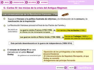 6.- Carlos IV: los inicios de la crisis del Antiguo Régimen Las consecuencias de la Revolución francesa  1789 Supuso el  frenazo a la política ilustrada de reformas  y la introducción de la  censura  y la  reactivación de la Inquisición La Revolución francesa provocó el final de los Pactos de Familia y Se inició un ciclo bélico La guerra contra Francia (1793-1795) en alianza con las monarquías europeas Con derrota y  Paz de Basilea  (1795) Las guerras contra el Reino Unido (1796-1808) Derrota de  Trafalgar  (1805 ) y pérdida del potencial naval español Este período desembocaría en la guerra de independencia (1808-1814) El  reinado de Carlos IV  se verá marcado por el valido  Manuel Godoy Su gobierno se caracterizó por Oposición de los privilegiados a las medidas desamortizadoras El intervencionismo de Napoleón Bonaparte, al que Godoy se sometió Antagonismo del príncipe Fernando DOC. 26 