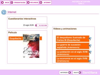 Cuestionarios interactivos Vídeos y animaciones La guerra de sucesión española   (Artehistoria) Internet La economía en el siglo XVIII  (Artehistoria) La población en el siglo XVIII  (Artehistoria) El siglo XVIII  Película Esquilache El despotismo ilustrado de Carlos III (Esquilache) 
