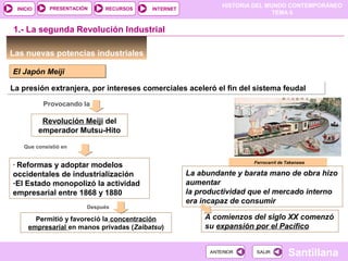 HISTORIA DEL MUNDO CONTEMPORÁNEO
TEMA 6
RECURSOS INTERNETPRESENTACIÓN
Santillana
INICIO
SALIRSALIRANTERIORANTERIOR
Ferrocarril de Takanawa
Las nuevas potencias industriales
El Japón MeijiEl Japón Meiji
La presión extranjera, por intereses comerciales aceleró el fin del sistema feudalLa presión extranjera, por intereses comerciales aceleró el fin del sistema feudal
1.- La segunda Revolución Industrial
Provocando la
Revolución Meiji del
emperador Mutsu-Hito
Que consistió en
- Reformas y adoptar modelos
occidentales de industrialización
-El Estado monopolizó la actividad
empresarial entre 1868 y 1880
Después
Permitió y favoreció la concentración
empresarial en manos privadas (Zaibatsu)
A comienzos del siglo XX comenzó
su expansión por el Pacífico
La abundante y barata mano de obra hizo
aumentar
la productividad que el mercado interno
era incapaz de consumir
 