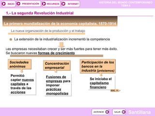 HISTORIA DEL MUNDO CONTEMPORÁNEO
TEMA 6
RECURSOS INTERNETPRESENTACIÓN
Santillana
INICIO
SALIRSALIRANTERIORANTERIOR
La primera mundialización de la economía capitalista, 1870-1914
La nueva organización de la producción y el trabajo
Las empresas necesitaban crecer y ser más fuertes para tener más éxito.
Se buscaron nuevas formas de crecimiento
La extensión de la industrialización incrementó la competencia
1.- La segunda Revolución Industrial
Sociedades
anónimas
Sociedades
anónimas
Permitió
captar nuevos
capitales a
través de las
acciones
Permitió
captar nuevos
capitales a
través de las
acciones
Concentración
empresarial
Concentración
empresarial
Fusiones de
empresas para
imponer
prácticas
monopolistas
Fusiones de
empresas para
imponer
prácticas
monopolistas
Participación de los
bancos en la
industria (préstamos)
Participación de los
bancos en la
industria (préstamos)
Se iniciaba el
capitalismo
financiero
Se iniciaba el
capitalismo
financiero
DOC. 11
 