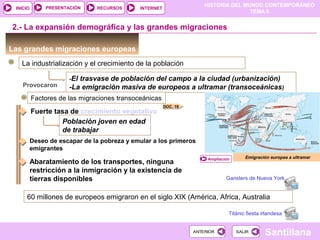 HISTORIA DEL MUNDO CONTEMPORÁNEO
TEMA 6
RECURSOS INTERNETPRESENTACIÓN
Santillana
INICIO
SALIRSALIRANTERIORANTERIOR
Las grandes migraciones europeas
Emigración europea a ultramar
La industrialización y el crecimiento de la población
-El trasvase de población del campo a la ciudad (urbanización)
-La emigración masiva de europeos a ultramar (transoceánicas)
Fuerte tasa de crecimiento vegetativo
Población joven en edad
de trabajar
Deseo de escapar de la pobreza y emular a los primeros
emigrantes
Ampliación
2.- La expansión demográfica y las grandes migraciones
Provocaron
Abaratamiento de los transportes, ninguna
restricción a la inmigración y la existencia de
tierras disponibles
60 millones de europeos emigraron en el siglo XIX (América, Africa, Australia
Factores de las migraciones transoceánicas
DOC. 19
Gansters de Nueva York
Titánic fiesta irlandesa
 