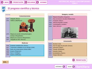 HISTORIA DEL MUNDO CONTEMPORÁNEO
TEMA 6
RECURSOS INTERNETPRESENTACIÓN
Santillana
INICIO
SALIRSALIRANTERIORANTERIOR
DOC. 1DOC. 1
El progreso científico y técnico
PRESENTACIÓN
 
