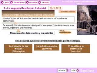 HISTORIA DEL MUNDO CONTEMPORÁNEO
TEMA 6
RECURSOS INTERNETPRESENTACIÓN
Santillana
INICIO
SALIRSALIRANTERIORANTERIOR
Nuevas fuentes de energía y nuevas industrias
1.- La segunda Revolución Industrial
Se intensificó la relación entre investigación y empresa (interdependencia entre
ciencia, ingeniería y la industria)
Convertidor Bessemer
Florecieron los laboratorios y las patentesFlorecieron los laboratorios y las patentes
Tres sectores punteros se vieron beneficiados por la tecnología
La industria de los
metales
(Siderurgico)
La industria de los
metales
(Siderurgico)
DOC. 1
Cronología inventos
La industria química
(químico)
La industria química
(químico)
El petróleo y la
electricidad
(eléctrico)
El petróleo y la
electricidad
(eléctrico)
1870-1914
En esta época se aplicaron las innovaciones técnicas a las actividades
económicas:
 